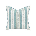 The Andalus Pillow by Hive Custom Pillows showcases vertical teal and white stripes with small floral patterns and piped edges, crafted from premium materials to elevate any room, shown against a white background.