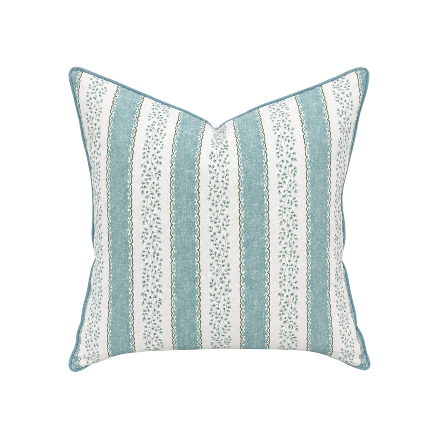 The Andalus Pillow by Hive Custom Pillows showcases vertical teal and white stripes with small floral patterns and piped edges, crafted from premium materials to elevate any room, shown against a white background.