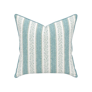 The Andalus Pillow by Hive Custom Pillows showcases vertical teal and white stripes with small floral patterns and piped edges, crafted from premium materials to elevate any room, shown against a white background.