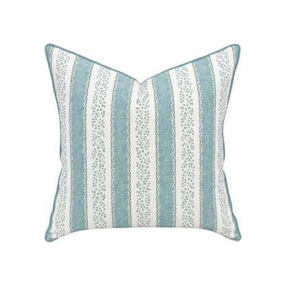 The Andalus Pillow by Hive Custom Pillows showcases vertical teal and white stripes with small floral patterns and piped edges, crafted from premium materials to elevate any room, shown against a white background.