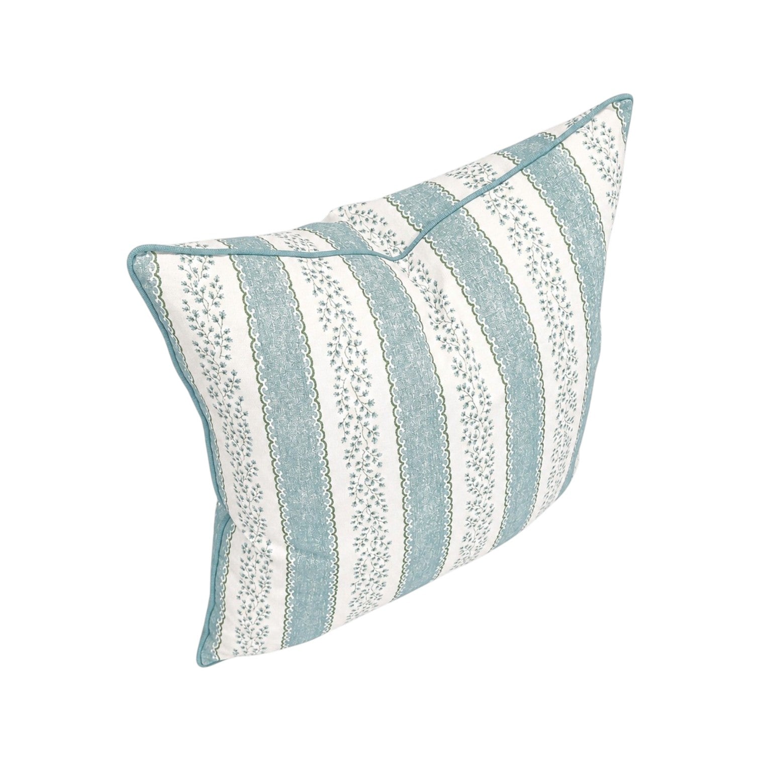 The Andalus Pillow by Hive Custom Pillows features a blue and white floral stripe design, blue edges, and a piped border. Crafted from premium materials, this square pillow is displayed on a white background.