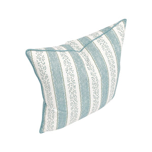 The Andalus Pillow by Hive Custom Pillows features a blue and white floral stripe design, blue edges, and a piped border. Crafted from premium materials, this square pillow is displayed on a white background.