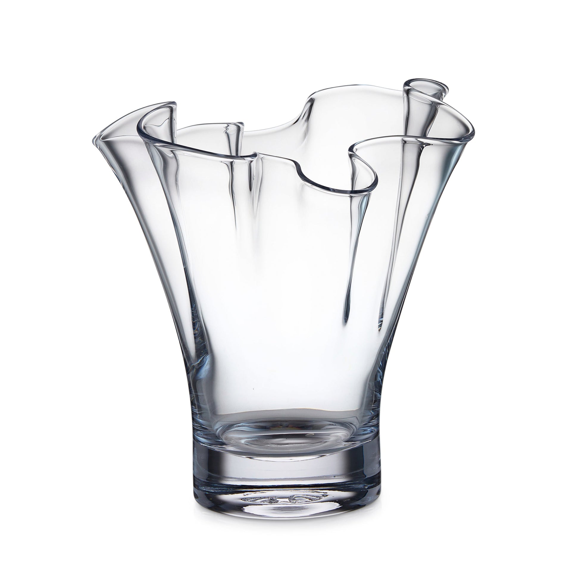 The Simon Pearce Anemone Vase Collection features hand-blown glass vases with wide, flared tops, uneven wavy rims, and thick solid bases, beautifully showcased against a white background.