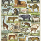 The Animal World 1,000 Piece Puzzle by Cavallini Papers and Co features a vibrant collage of labeled illustrated animals like elephants, lions, and zebras—perfect for animal lovers and puzzlers alike.