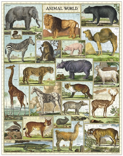 The Animal World 1,000 Piece Puzzle by Cavallini Papers and Co features a vibrant collage of labeled illustrated animals like elephants, lions, and zebras—perfect for animal lovers and puzzlers alike.
