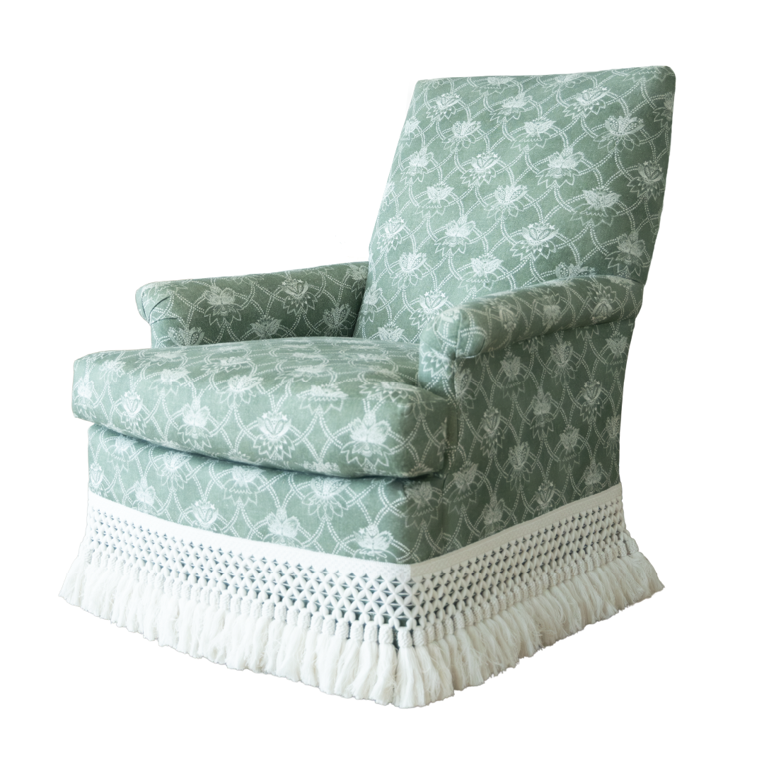 Hickory Chair Virginia Skirted Swivel Chair featuring green upholstery with a white floral pattern, a straight back, cushioned seat, elegant mahogany front posts, and a decorative white fringe skirt along the bottom edge.