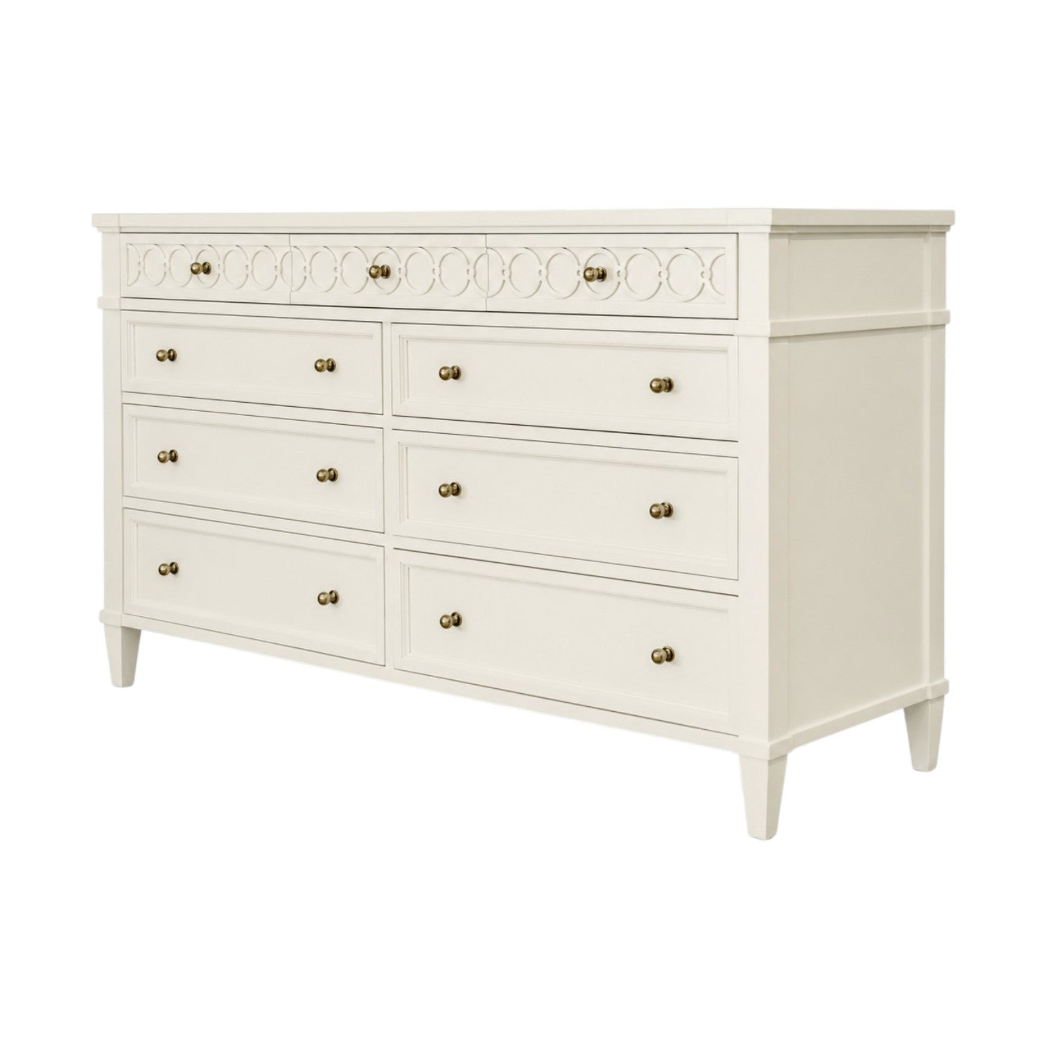 Morten Dresser in Dove White finish by Hickory Chair: A white wooden dresser featuring seven drawers, round gold knobs, decorative circular detailing on the top drawer, and tapered legs in a soft Dove White finish, photographed against a white background. Also available as a nine-drawer Morten Dresser with the same design elements.