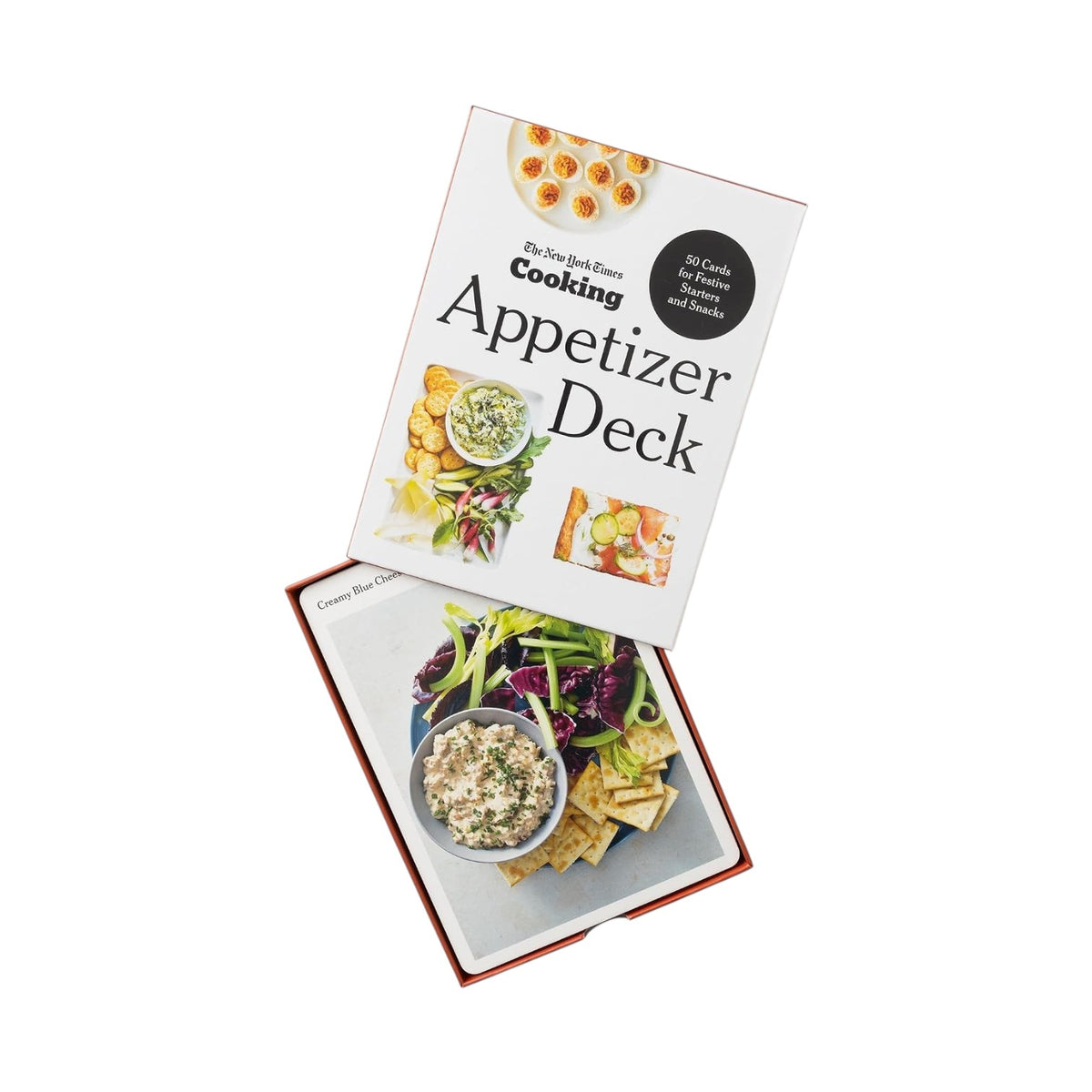 A box labeled “The New York Times Cooking Appetizer Deck” by Penguin Random House, featuring appetizer recipe cards from NYT Cooking with images of party appetizers such as dips, crackers, and salads.