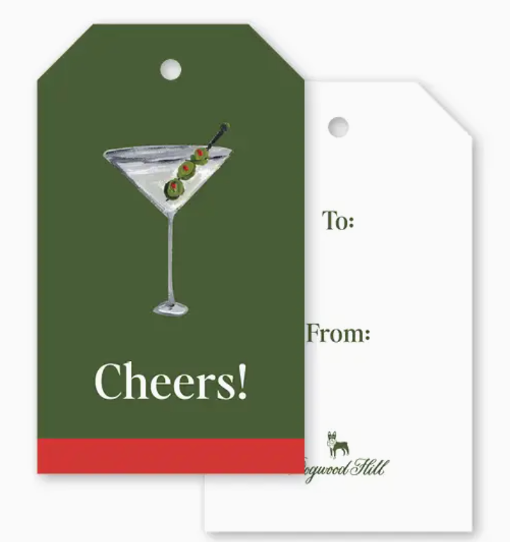 The Polo Lounge Martini Gift Tags include one dark green tag with a martini illustration and “Cheers!”, and one white tag with “To:” and “From:” fields.