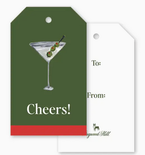The Polo Lounge Martini Gift Tags include one dark green tag with a martini illustration and “Cheers!”, and one white tag with “To:” and “From:” fields.