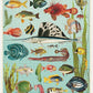 The Aquarium 1,000 Piece Puzzle by Cavallini Papers and Co features colorful aquarium fish and aquatic plants on a light blue background—each species is numbered, making it ideal as a reference or for puzzle enthusiasts.