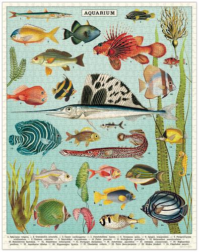 The Aquarium 1,000 Piece Puzzle by Cavallini Papers and Co features colorful aquarium fish and aquatic plants on a light blue background—each species is numbered, making it ideal as a reference or for puzzle enthusiasts.