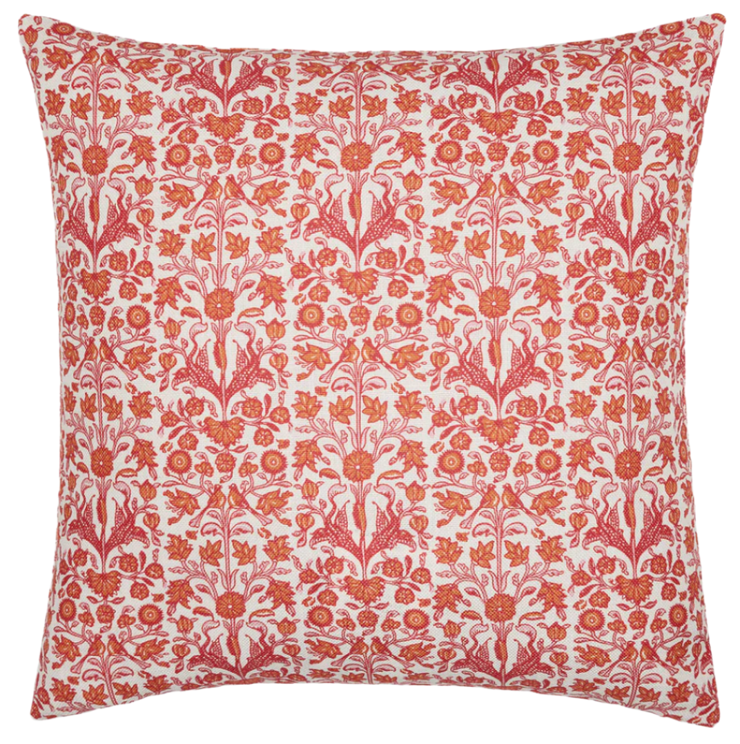 The Zuber Azalea Outdoor Pillow by John Robshaw features a red and orange floral pattern on a white background, with vertical rows of stylized flowers and leaves. Designed for outdoor use, it resists sun and rain.