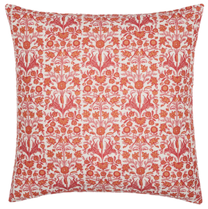 The Zuber Azalea Outdoor Pillow by John Robshaw features a red and orange floral pattern on a white background, with vertical rows of stylized flowers and leaves. Designed for outdoor use, it resists sun and rain.