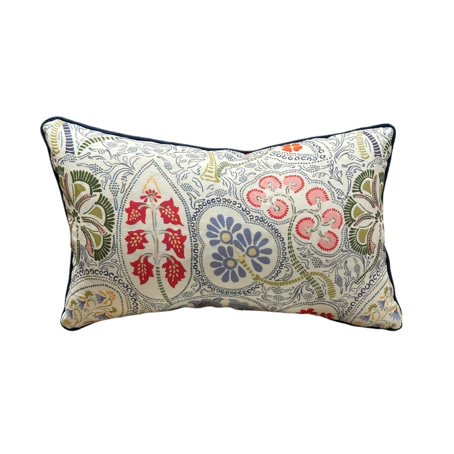 The Arboretum Lumbar Pillow by Hive Custom Pillows features a rectangular handmade design with a red, blue, green, and beige floral and leaf pattern on white, dark piping edges, and 100% down fill for luxurious comfort.