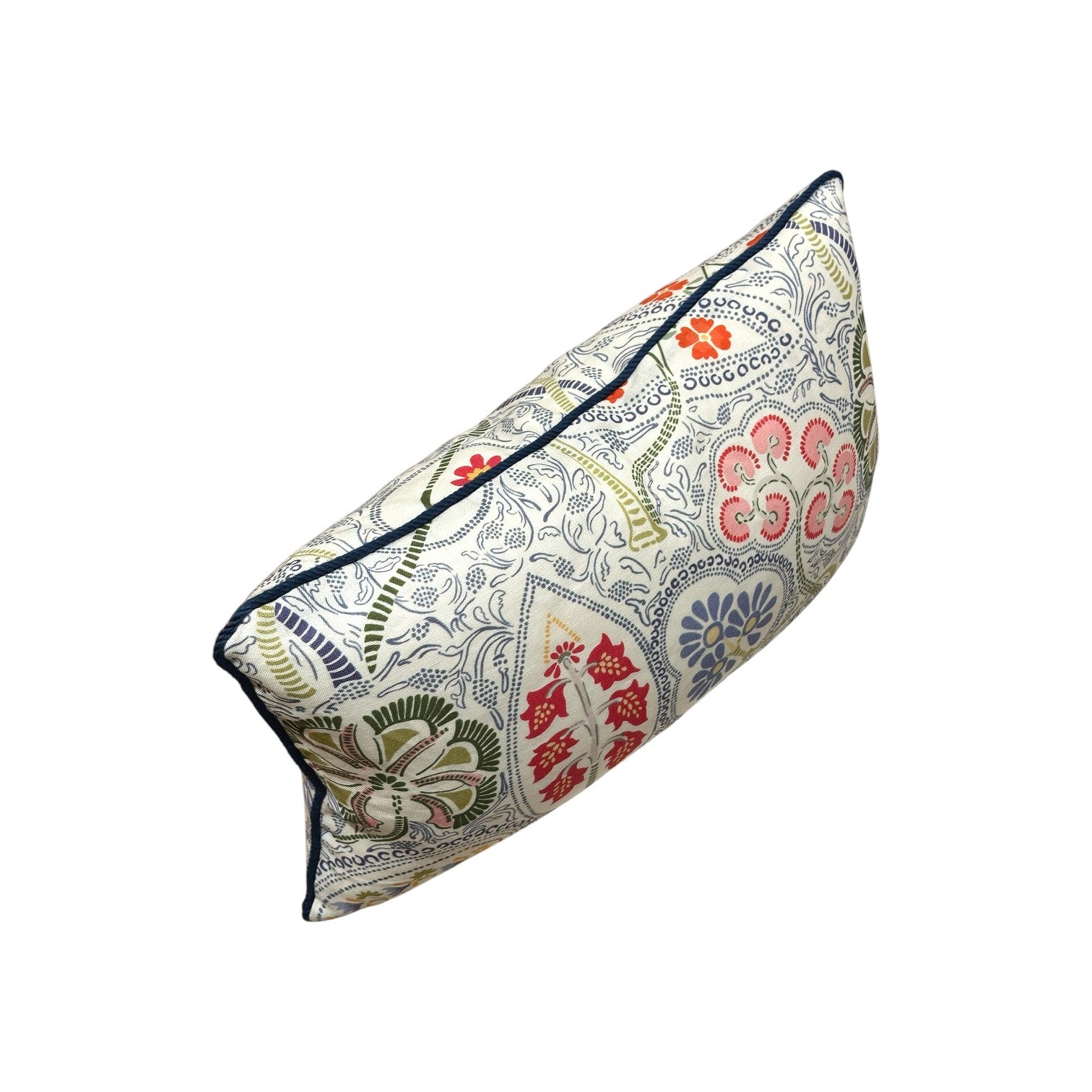 The Arboretum Lumbar Pillow by Hive Custom Pillows features a rectangular shape, multicolored floral and leaf pattern on white, dark piping border, and is 100% down-filled for luxurious comfort.