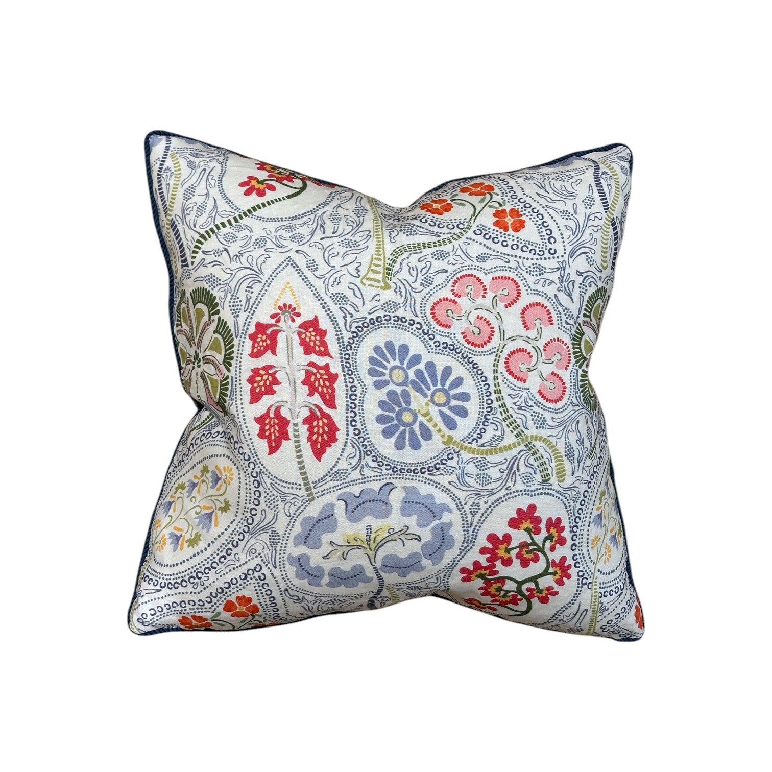 The Arboretum Pillow by Hive Custom Pillows is a square, handmade 100% down-filled pillow with a white background and vibrant floral and leaf patterns in red, blue, green, and pink for luxurious comfort.
