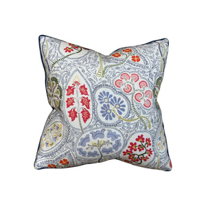 The Arboretum Pillow by Hive Custom Pillows is a square, handmade 100% down-filled pillow with a white background and vibrant floral and leaf patterns in red, blue, green, and pink for luxurious comfort.
