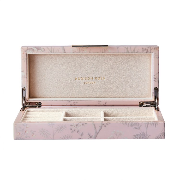 The Addison Ross Pink Chinoiserie Box Collection features a hand-polished rectangular lacquer box with a hinged lid, cream interior, compartments, and Addison Ross branding inside.