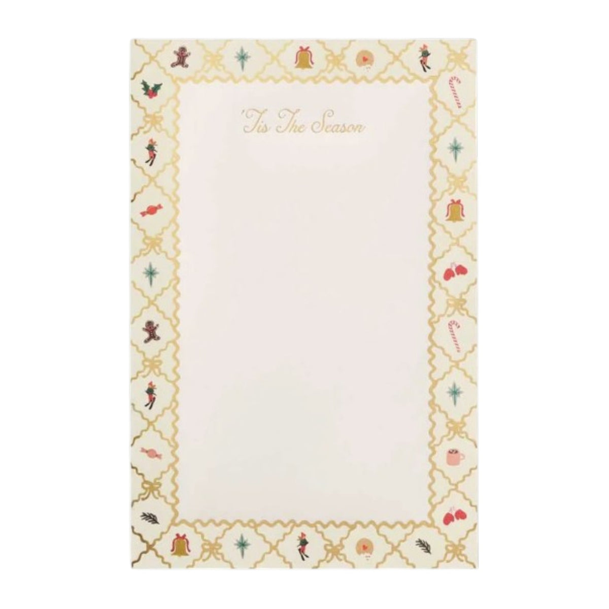 A Rifle Paper Co. Holiday Argyle Notepad with an argyle border featuring holiday icons like candy canes, bells, and gingerbread men, with the text “’Tis The Season” at the top.