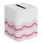 Mod Bath Collection square premium linen tissue box cover with a top opening and pink horizontal wavy stripes along the bottom.
