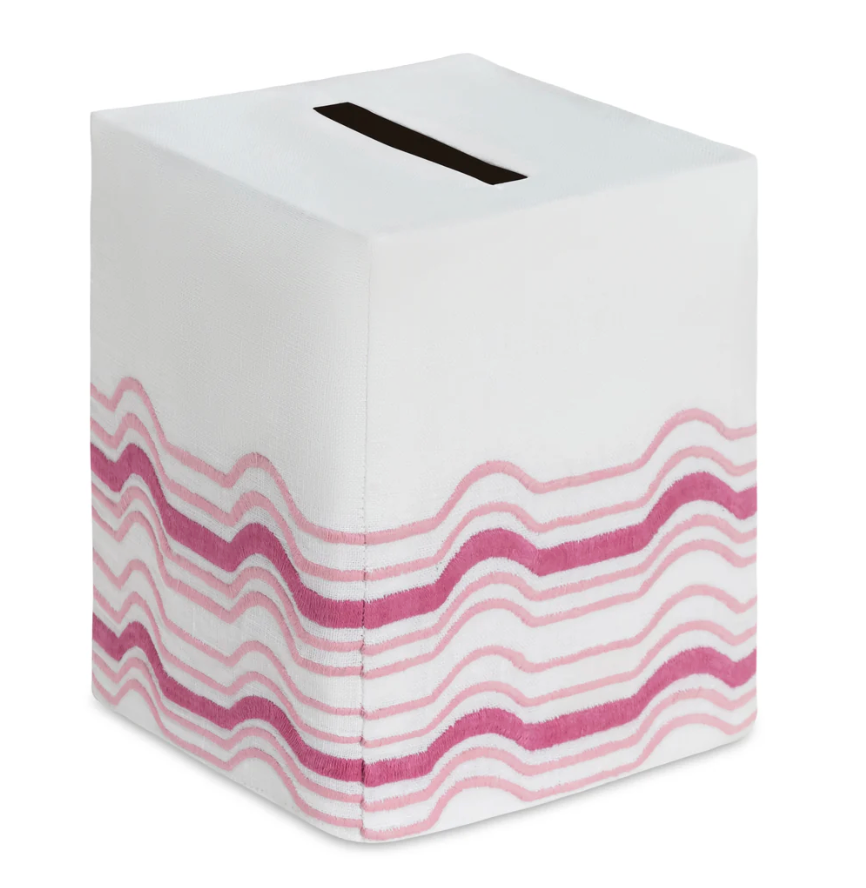 Mod Bath Collection square premium linen tissue box cover with a top opening and pink horizontal wavy stripes along the bottom.