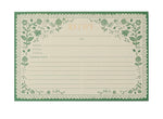 Artichoke Recipe Cards by Rifle Paper Co.: a blank illustrated recipe card with a green floral border, featuring spaces for the recipe title, notes, prep time, total time, and ingredients.