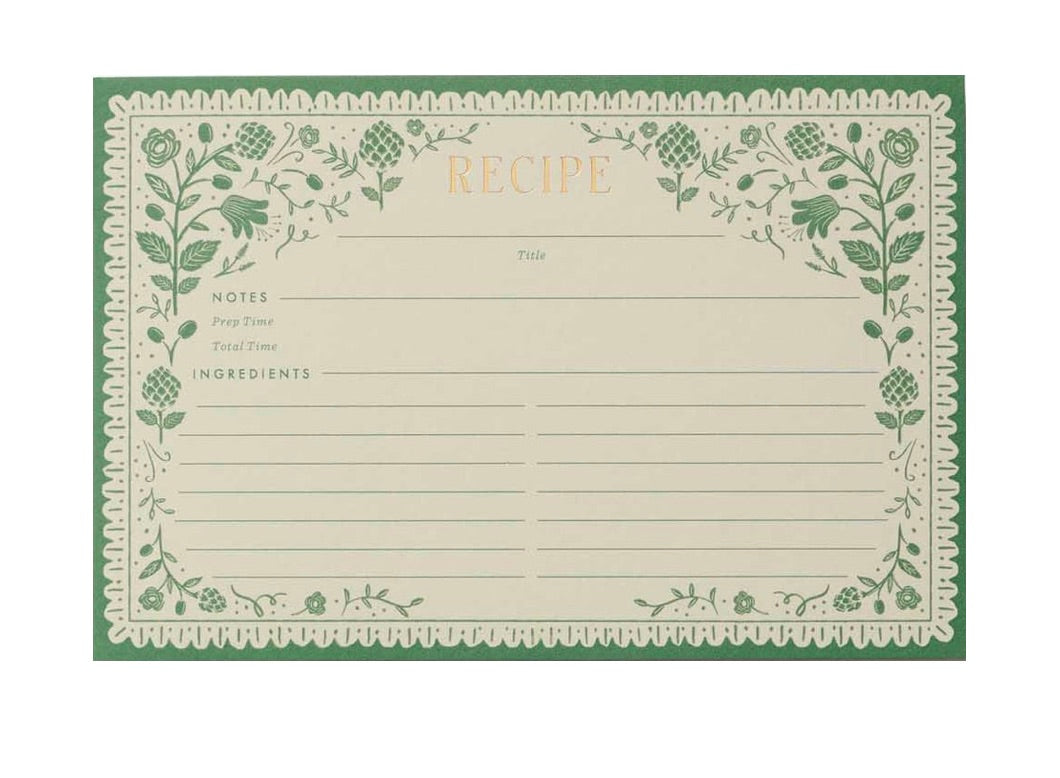 Artichoke Recipe Cards by Rifle Paper Co.: a blank illustrated recipe card with a green floral border, featuring spaces for the recipe title, notes, prep time, total time, and ingredients.