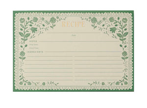 Artichoke Recipe Cards by Rifle Paper Co.: a blank illustrated recipe card with a green floral border, featuring spaces for the recipe title, notes, prep time, total time, and ingredients.