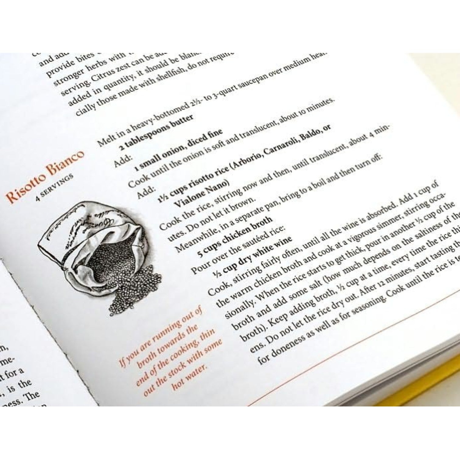 An open copy of The Art of Simple Food by Penguin Random House displays a risotto bianco recipe inspired by Alice Waters, featuring an illustration of rice and an orange-highlighted cooking tip—ideal for anyone who values simple seasonal recipes and the pleasures of home cooking.