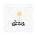 Add humor to your gathering with August Morgan’s Light Snack Heavy Pour Cocktail Napkins, featuring classic hemstitching and embroidered wine glass, olive, and witty text—an elegant cotton accent for any occasion.