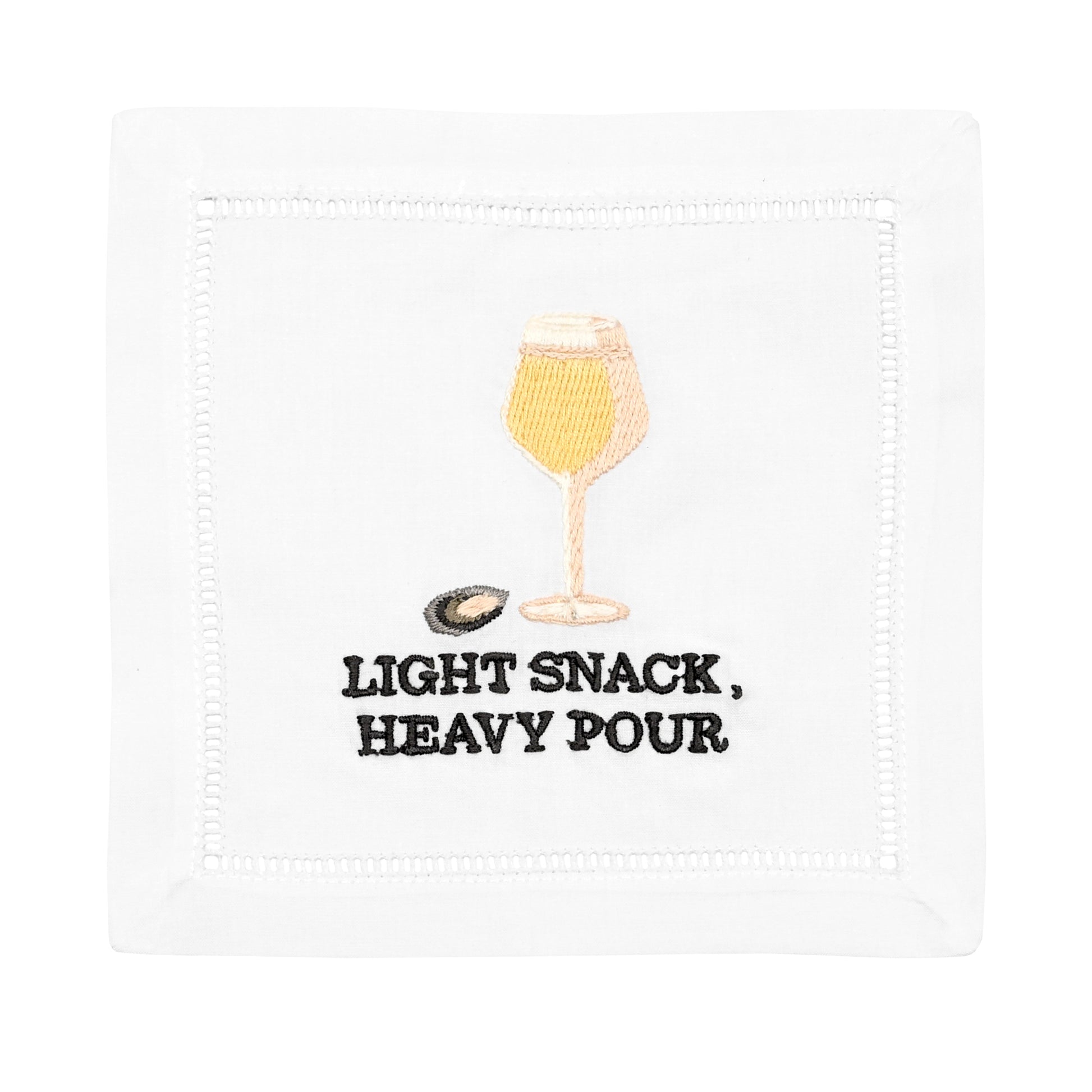 Add humor to your gathering with August Morgan’s Light Snack Heavy Pour Cocktail Napkins, featuring classic hemstitching and embroidered wine glass, olive, and witty text—an elegant cotton accent for any occasion.
