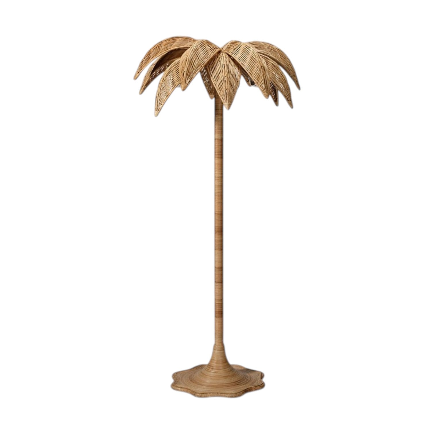 The Solana Floor Lamp by Made Goods features a woven rattan base and a shade inspired by palm tree leaves, shown isolated on a white background.