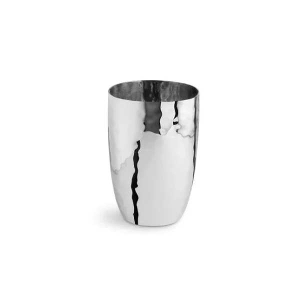 A tall, cylindrical, shiny silver cup with a rippled, reflective surface crafted from polished stainless steel, set against a plain white background—an elegant addition to the Michael Aram Reflective Bath Collection and perfect for enhancing your bathroom counter accessories.