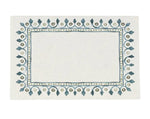 The Juliska Villa Seville Chambray Place Cards feature a decorative blue and green border inspired by Seville motifs, adding charm and elegance to your table setting.