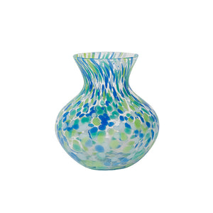 The Juliska Puro Speckled Vase by Juliska features a flared rim and a blue, green, and white spotted pattern on white glass—a stunning choice for stylish vase enthusiasts.