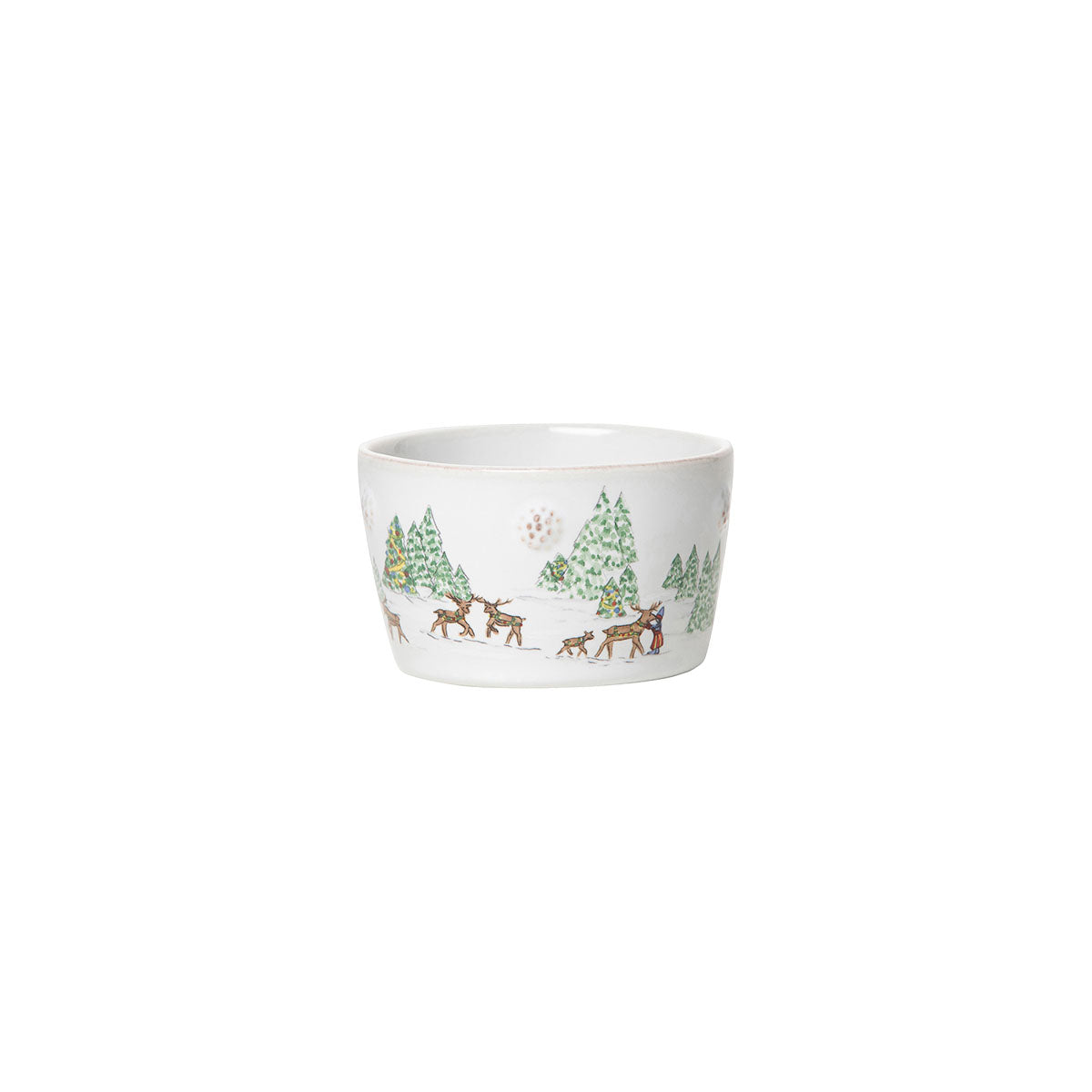 The Juliska Berry & Thread North Pole Dinnerware and Serveware Collection features a white ceramic bowl with green and brown reindeer, people, and pine trees—ideal festive dinnerware to enhance your Christmas tableware.