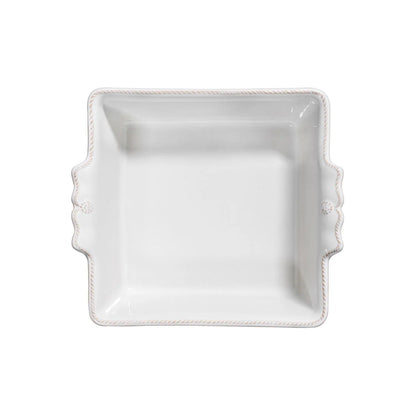 A 9-inch square white ceramic stoneware baking dish from Juliska's elegant Berry & Thread Collection, featuring two small side handles and shown from above against a plain white background.
