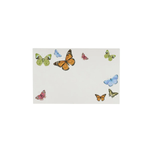 Add charm to your table with Juliska's Meadow Walk Butterfly Place Card Set—a white rectangular card adorned with green, orange, blue, and pink butterflies along the edges, ideal for garden party settings.