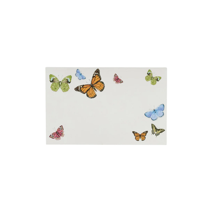 Add charm to your table with Juliska's Meadow Walk Butterfly Place Card Set—a white rectangular card adorned with green, orange, blue, and pink butterflies along the edges, ideal for garden party settings.