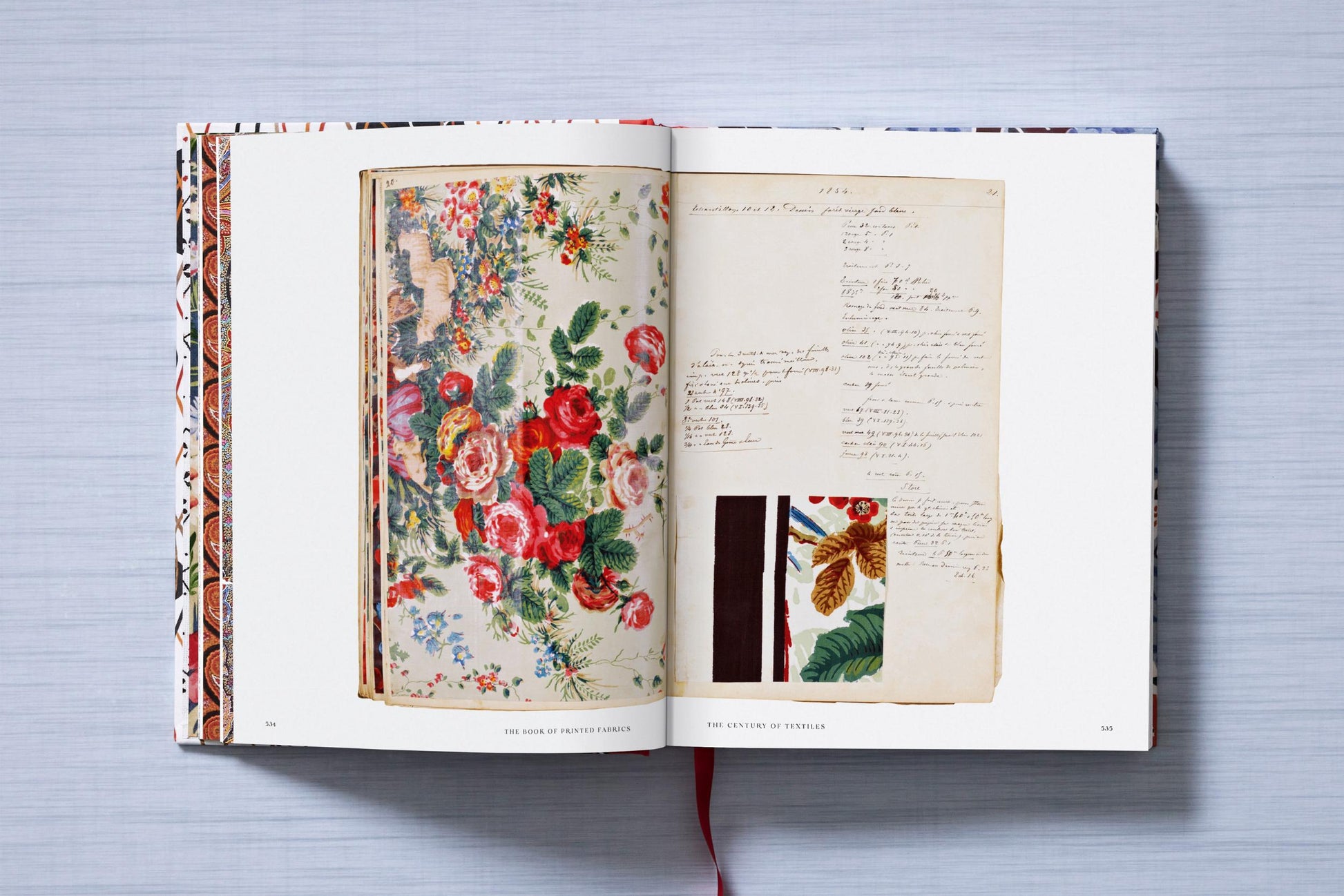 The Book of Printed Fabrics by Taschen reveals a vibrant floral textile design alongside handwritten notes and fabric swatches, offering insight into fabric printing history at the Musée de l’Impression sur Étoffes.