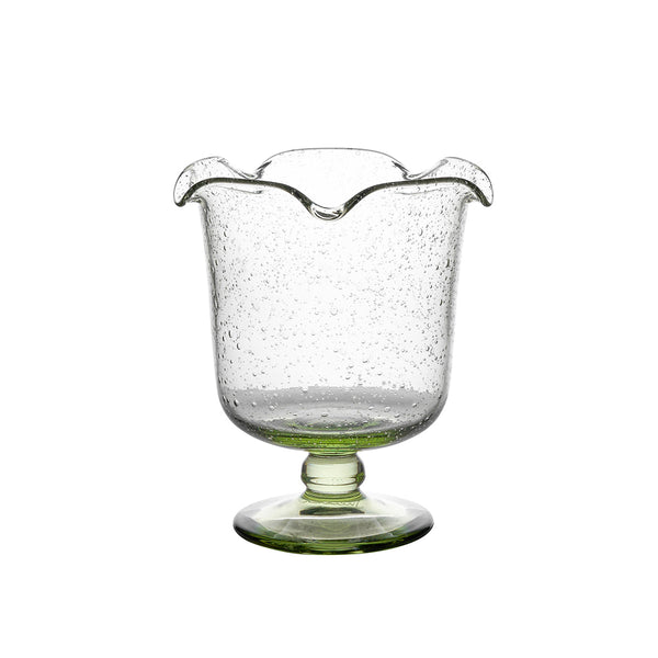 The Juliska Provence Vase by Juliska features mouth-blown glass with a flared, scalloped rim and bubble-inspired texture, set on a short pedestal base—a whimsical centerpiece for any space.