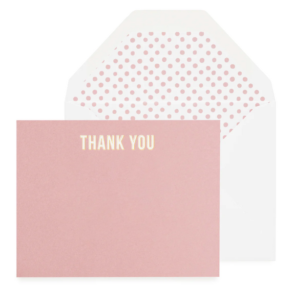 The Sugar Paper Rose "Thank You" Card Set features a pink card with gold letterpress lettering and includes a white envelope lined with pink polka dots.