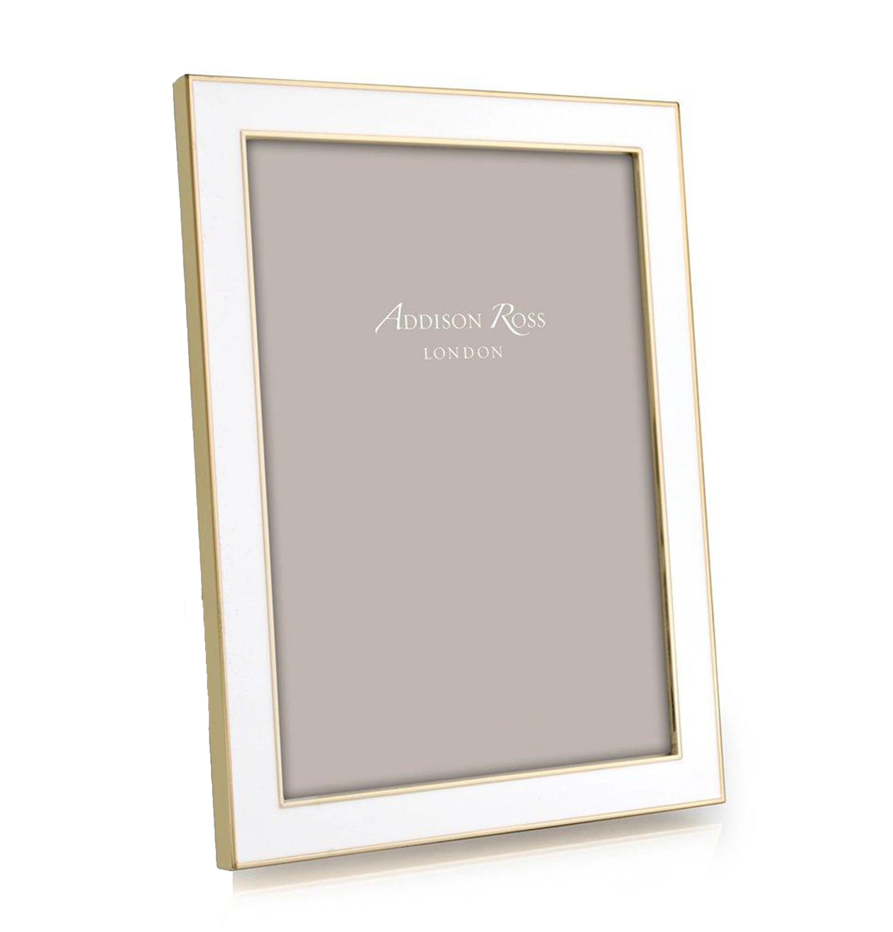 An Addison Ross Gold Trim Enamel Frame from the Gold Trim Enamel Frame Collection stands upright with a blank placeholder inside.