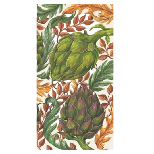The Autumnal Artichoke Collection by Hester & Cook features two artichokes with green and brown foliage on white, evoking autumn gatherings and fall colors.