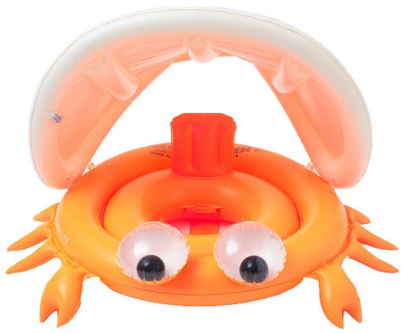 Sunnylife Baby Float from Sunnylife: Orange crab-shaped inflatable baby float with a white, removable canopy and large googly eyes, made from phthalate-free PVC.