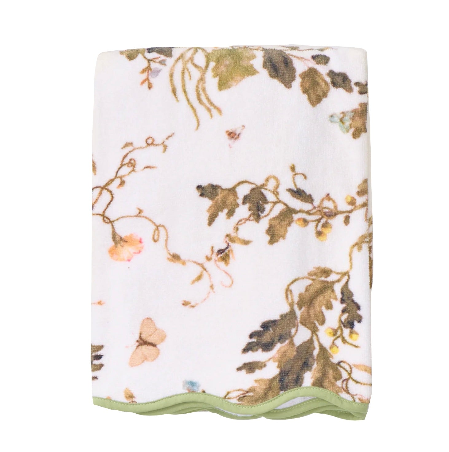 The Vivian Magnolia Floral Scallop Bath Towel by Weezie Towels features a botanical and butterfly print with green trim, crafted from quick-dry terry for comfort and convenience.