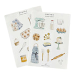 Two Sticker Sheet Sets by Emily Lex Studio, featuring baking-themed watercolor illustrations of kitchen tools, ingredients, sweets, and an apron, are displayed side by side on a white background—perfect planner stickers for adding a charming touch to your notes and plans.