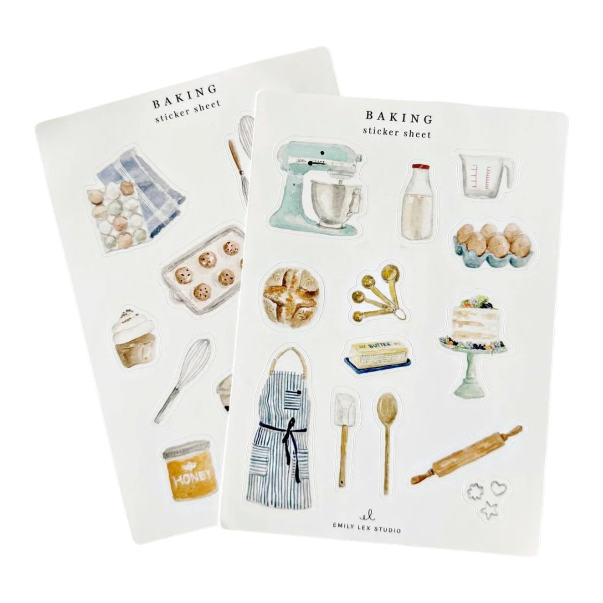 Two Sticker Sheet Sets by Emily Lex Studio, featuring baking-themed watercolor illustrations of kitchen tools, ingredients, sweets, and an apron, are displayed side by side on a white background—perfect planner stickers for adding a charming touch to your notes and plans.