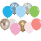 Experience the charm of a stunning balloon bouquet featuring ten vibrant Solid Balloons by Burton+Burton in an array of colors, including blue, light blue, green, silver, white, pink, gold, and peach. Carefully arranged in two delightful rows for a captivating display. Enjoy the convenience of local delivery to add that perfect touch.